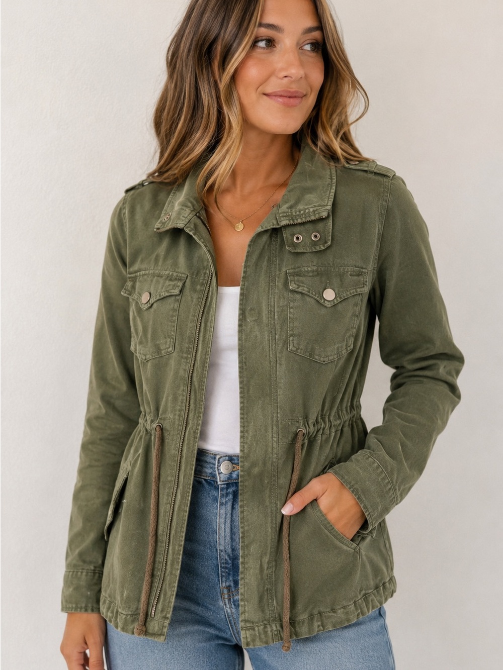 Olive Green Utility Jacket Military Cargo Drawstring Waist Y2K Boho